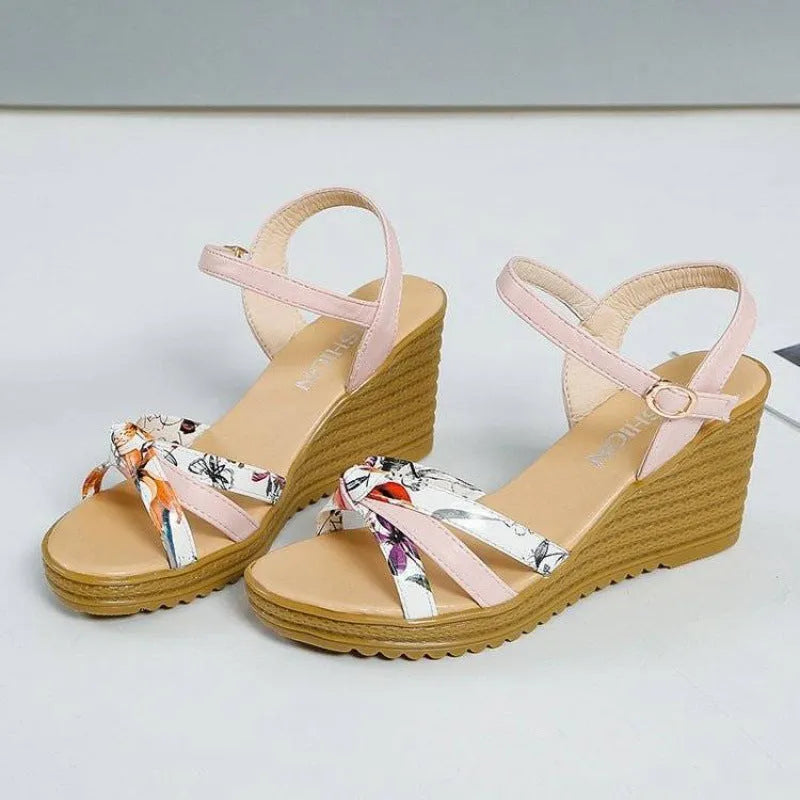 Women's pink and white wedge sandals with thick non-slip heels and fish mouth design