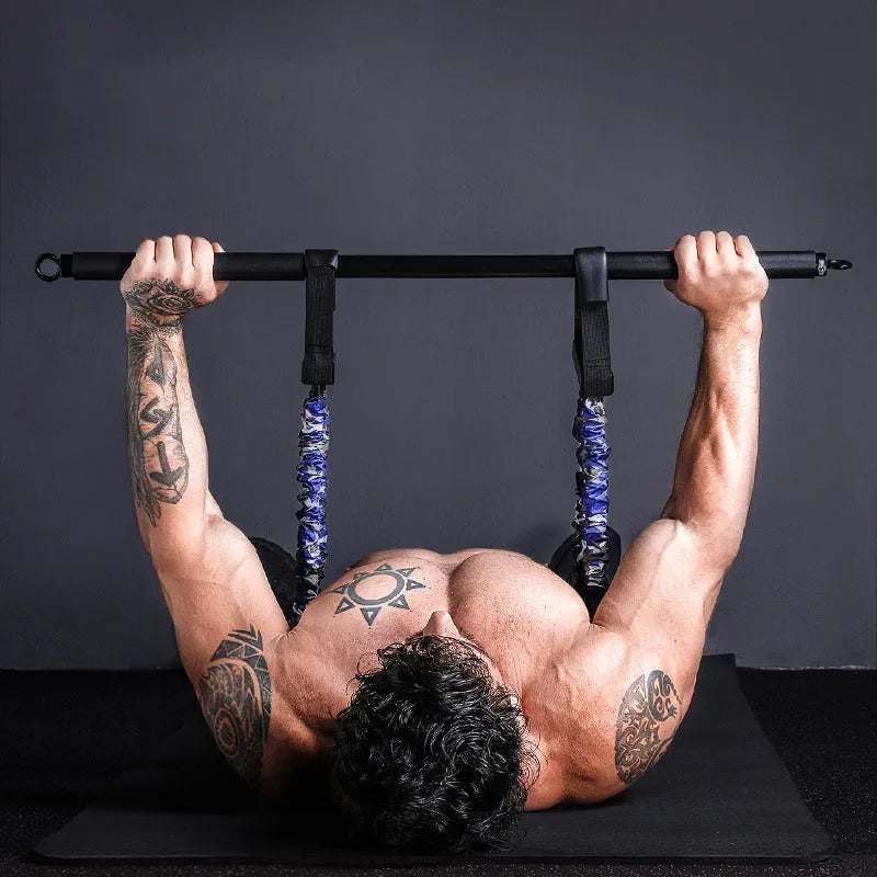 Camouflage nylon bench press stretcher with three-level resistance adjustment and soft rubber handle
