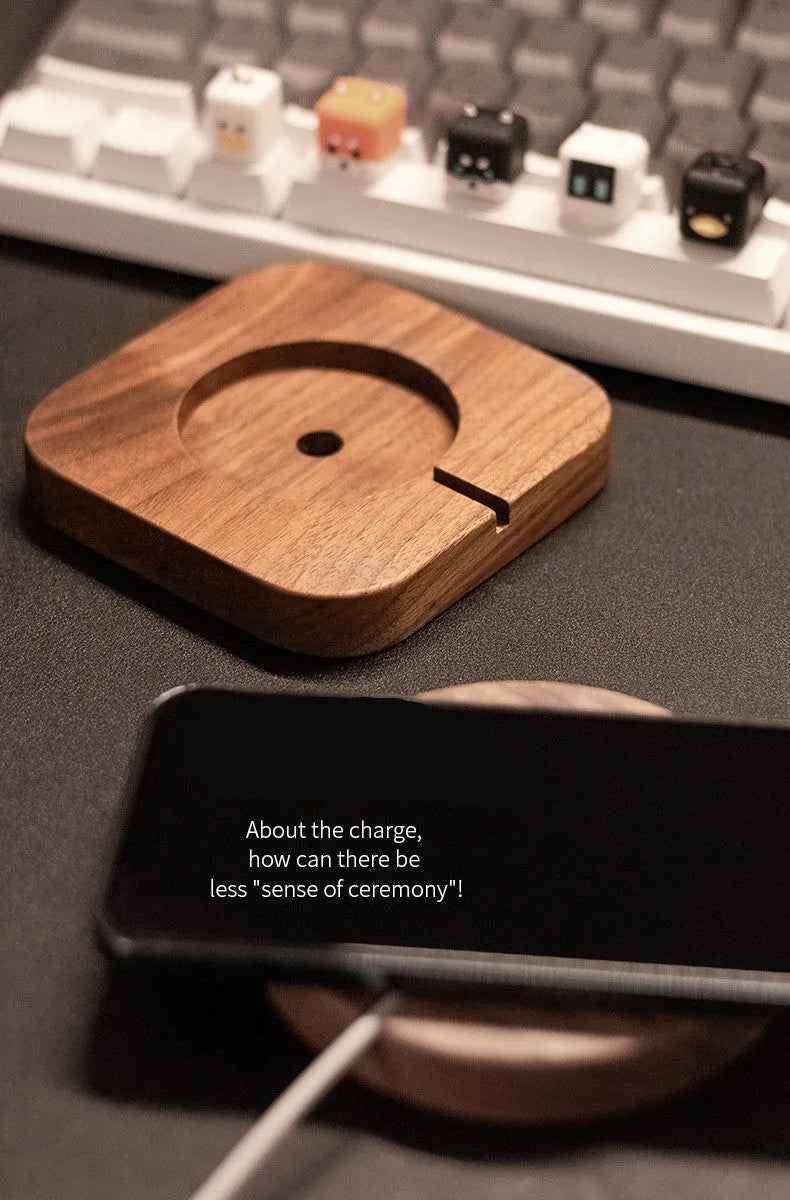 Walnut wood magnetic wireless charging base with protective cover on desktop