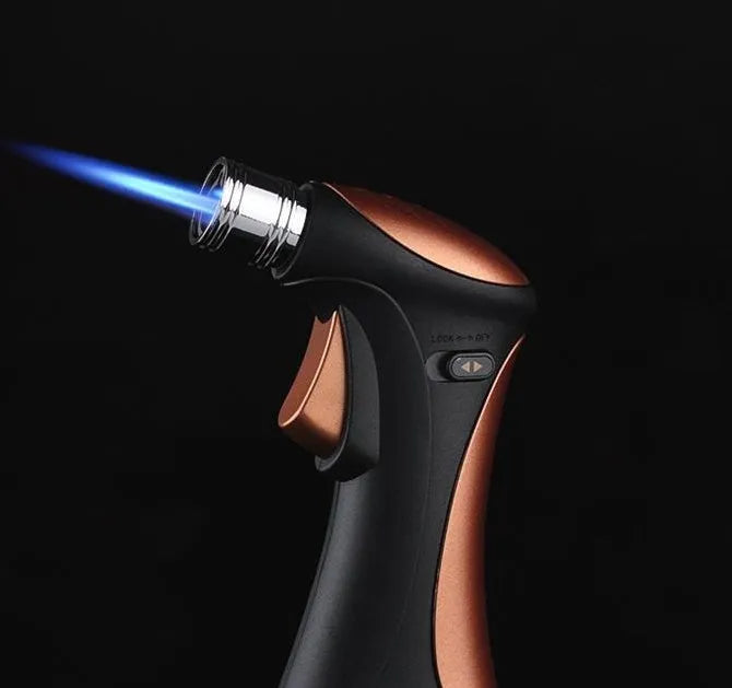 Windproof torch lighter in black colour with visible torch nozzle and trigger