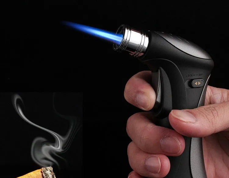 Windproof torch lighter in black colour with visible torch nozzle and trigger