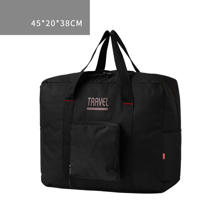 Foldable large capacity canvas travel bag in grey with soft handle and zipper pocket