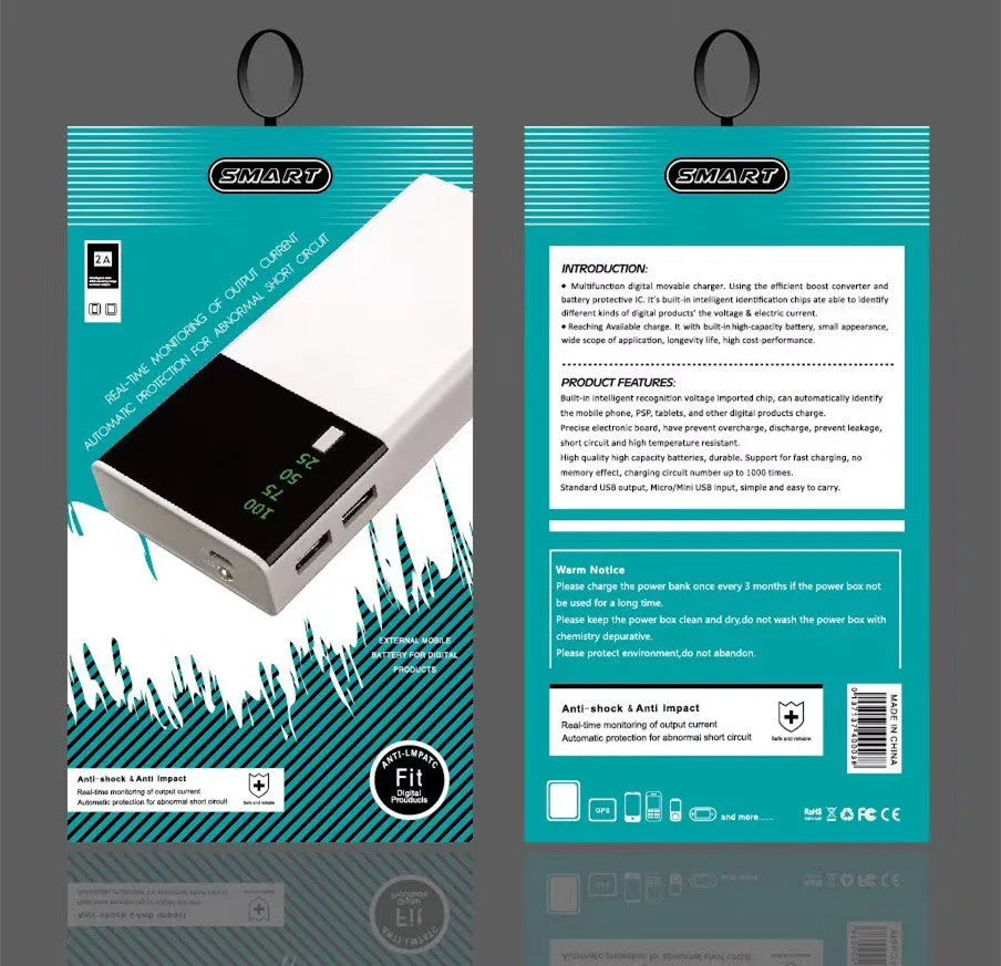 Black Rice 20000mAh power bank with charging cable, compact plastic shell design