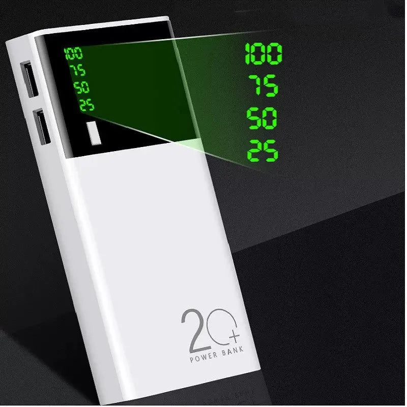 Black Rice 20000mAh power bank with charging cable, compact plastic shell design