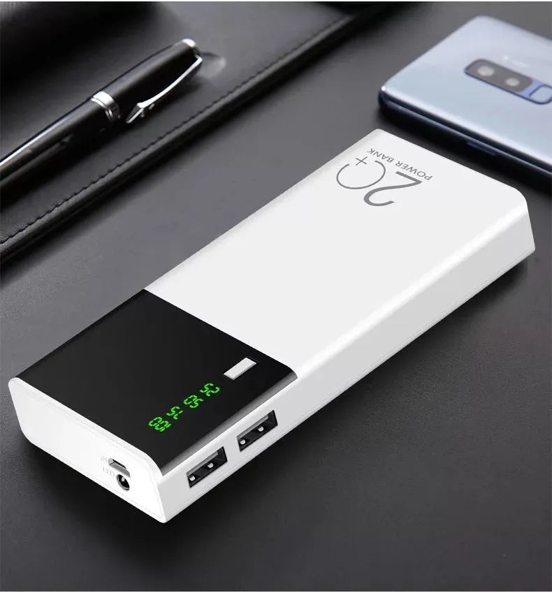 Black Rice 20000mAh power bank with charging cable, compact plastic shell design
