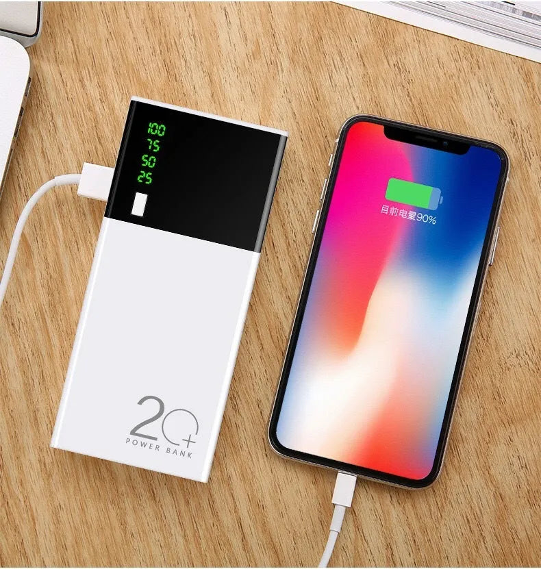 Black Rice 20000mAh power bank with charging cable, compact plastic shell design