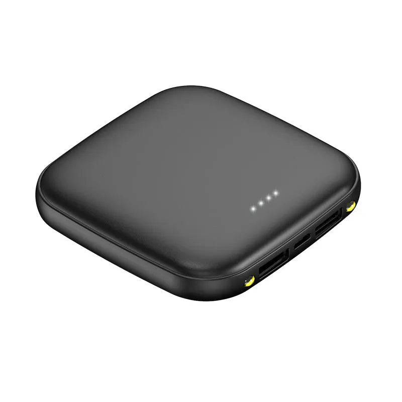 Compact black power bank showing 20000mAh capacity with LED flashlight function