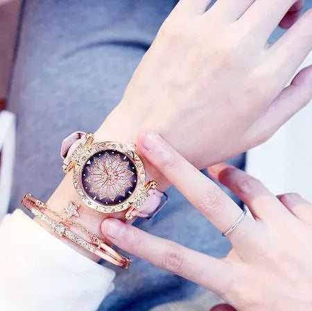 Red ladies fashion watch with full diamond dial on a PU strap, showing round 32mm case.