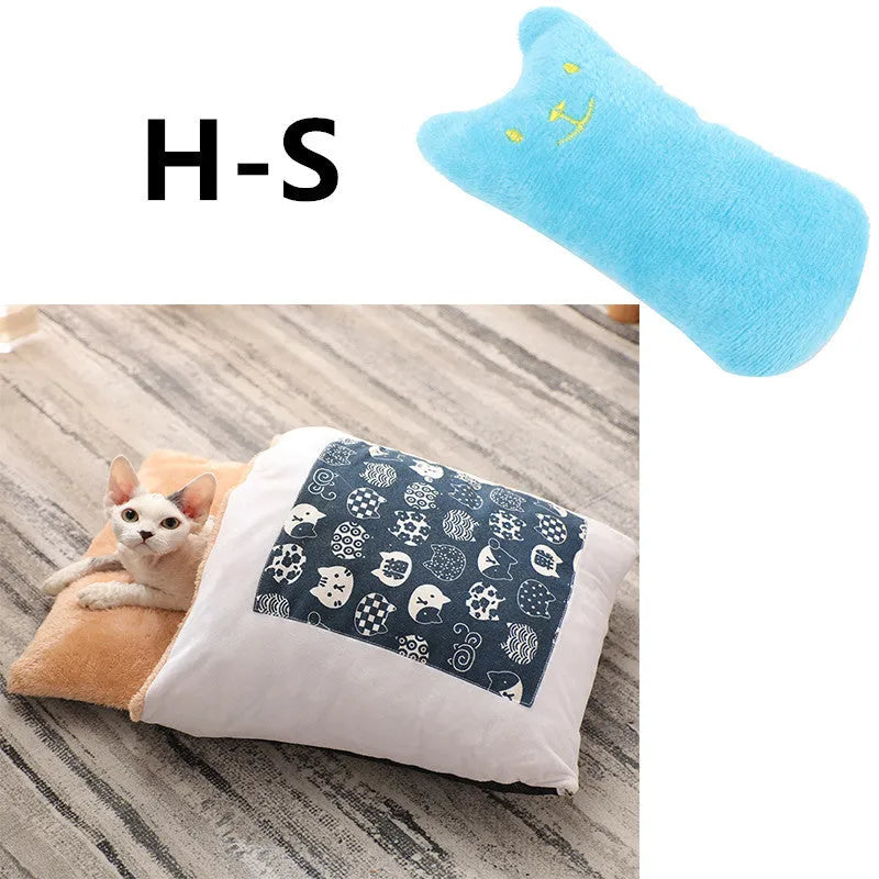 Warm semi-enclosed cat bed with removable washable quilt, cloth cave design for small to large cats