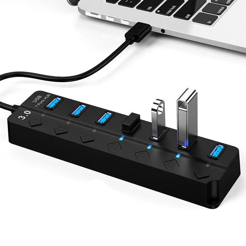 Black 7-port USB 3.0 hub with external power supply and splitter cable