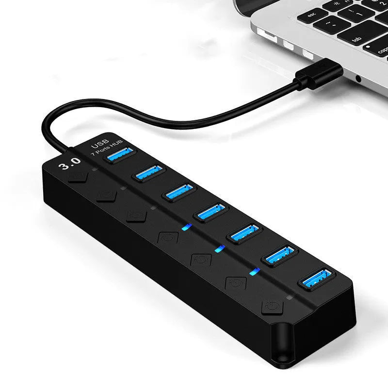 Black 7-port USB 3.0 hub with external power supply and splitter cable