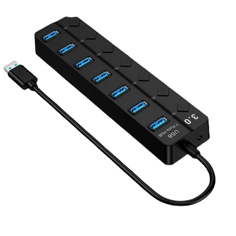 Black 7-port USB 3.0 hub with external power supply and splitter cable