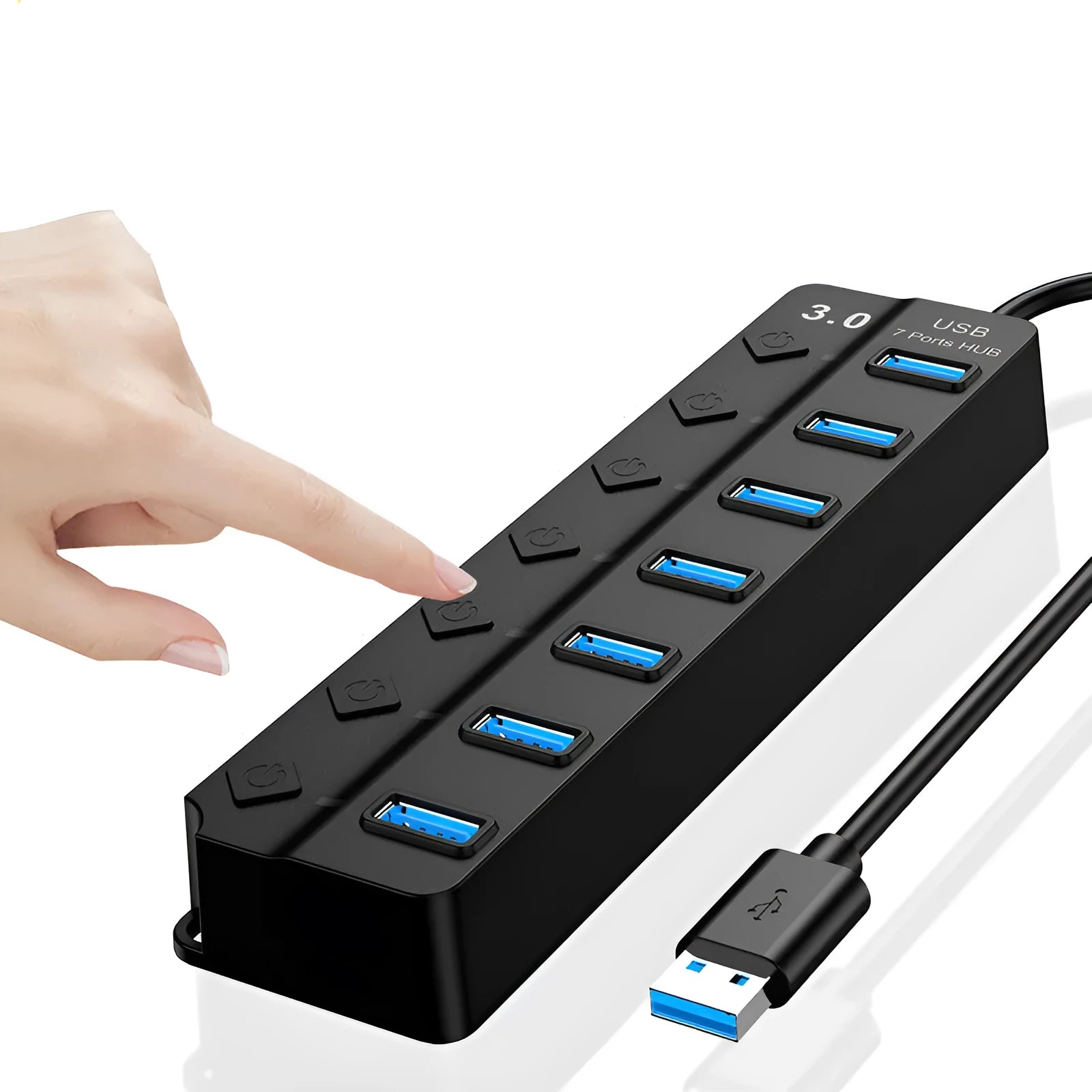 Black 7-port USB 3.0 hub with external power supply and splitter cable
