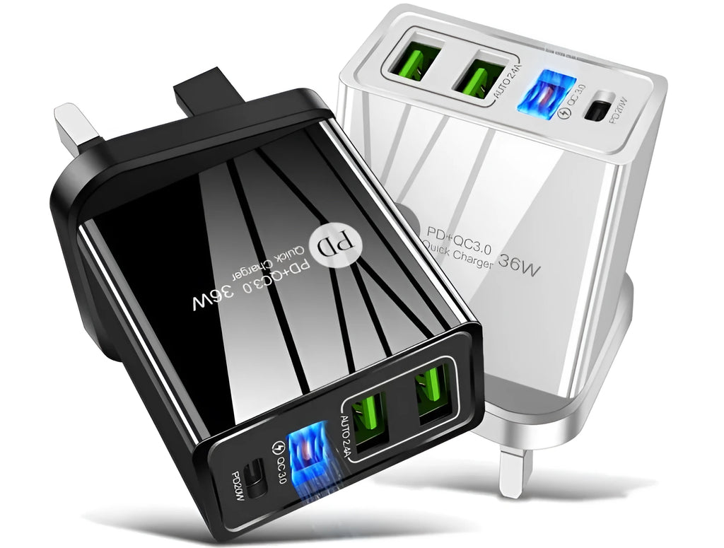 Black or white USB fast charging head with multiple ports, supporting QC3.0 and PD 20W charging.