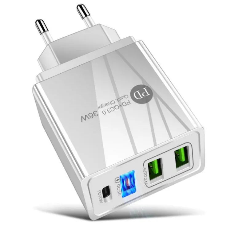 Black or white USB fast charging head with multiple ports, supporting QC3.0 and PD 20W charging.