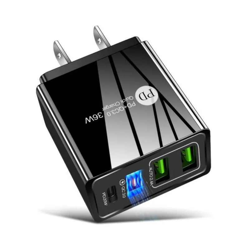 Black or white USB fast charging head with multiple ports, supporting QC3.0 and PD 20W charging.