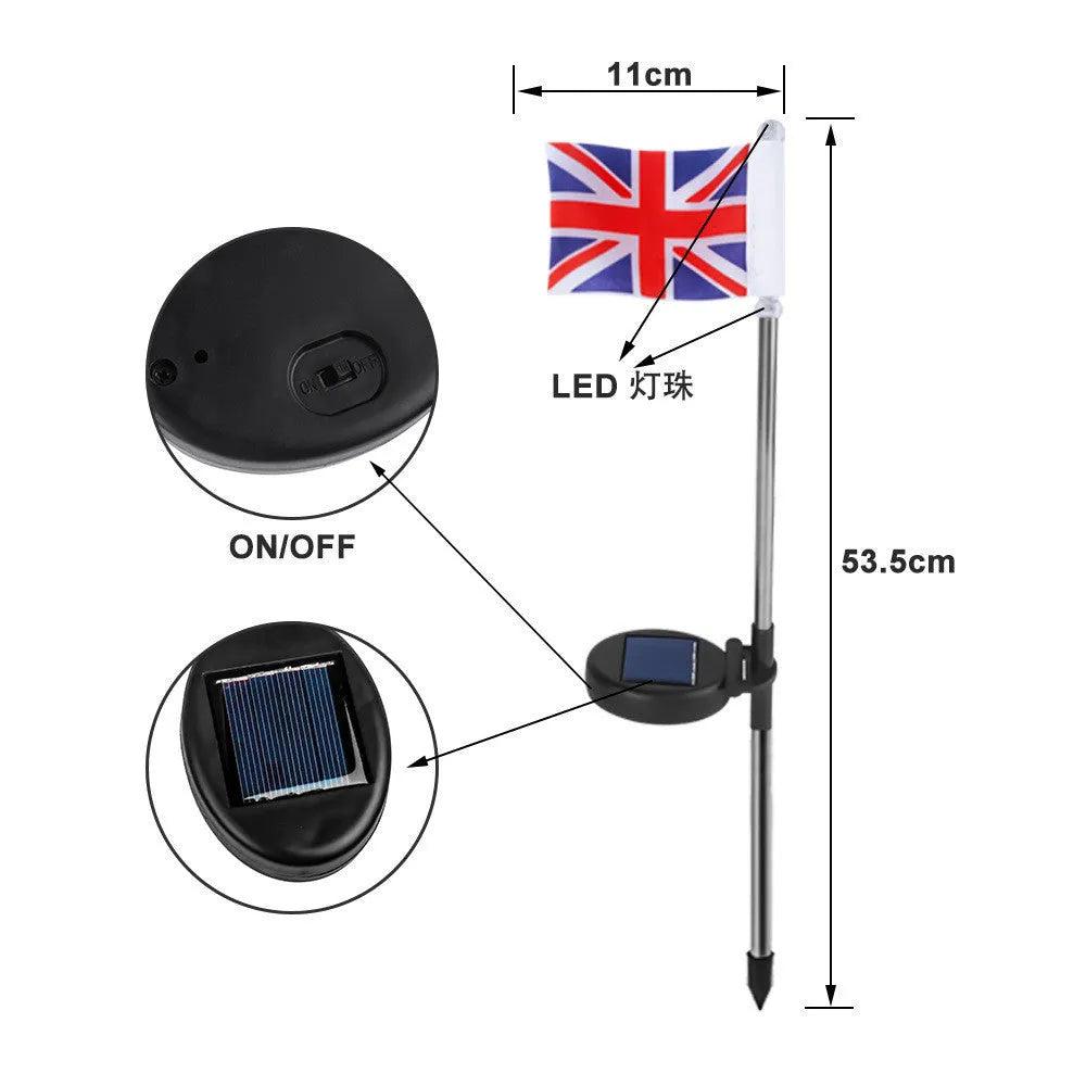Solar-powered garden flag light displaying either American or British flag design with stainless steel pole and solar panel