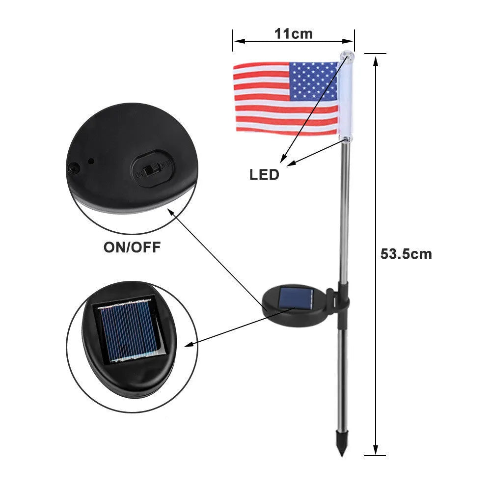 Solar-powered garden flag light displaying either American or British flag design with stainless steel pole and solar panel