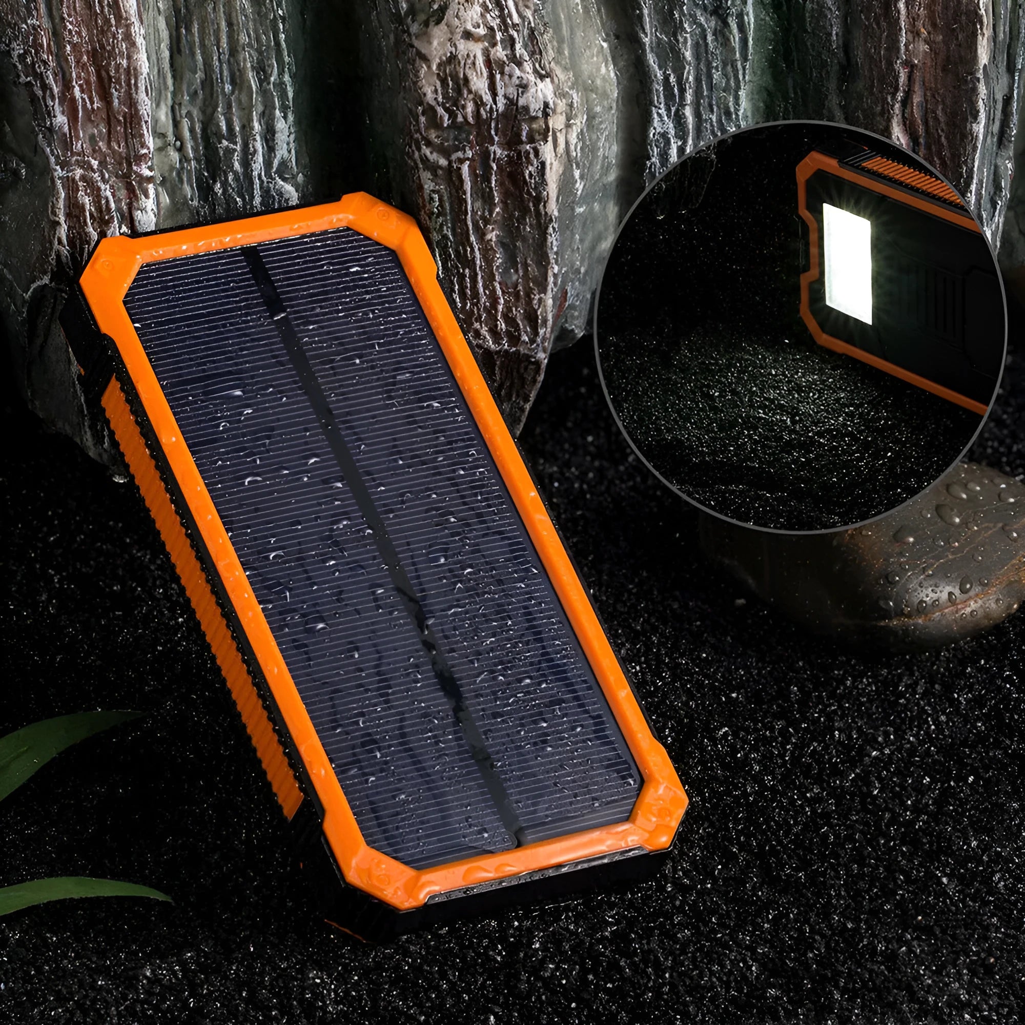 Solar power bank with 20000mAh capacity showing multiple USB ports and solar panel