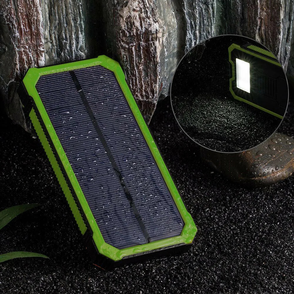 Solar power bank with 20000mAh capacity showing multiple USB ports and solar panel