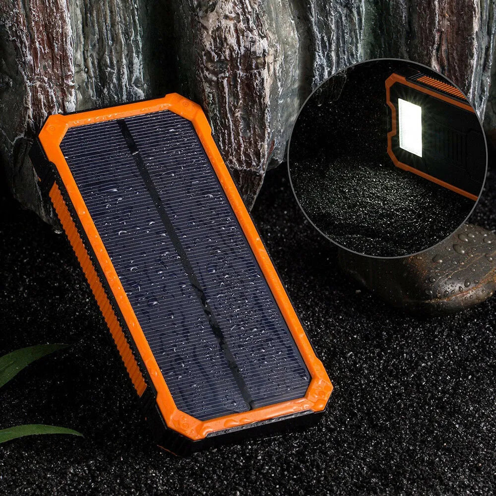 Solar power bank with 20000mAh capacity showing multiple USB ports and solar panel