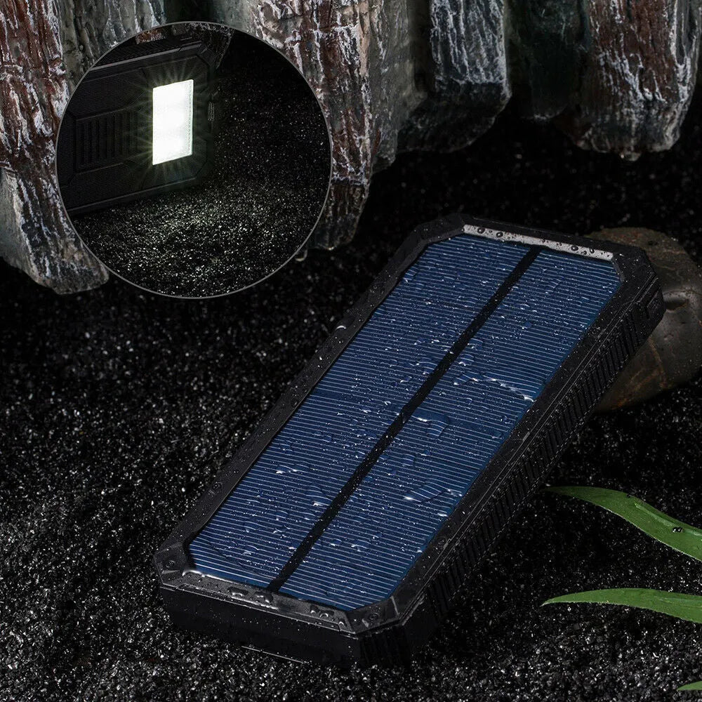 Solar power bank with 20000mAh capacity showing multiple USB ports and solar panel