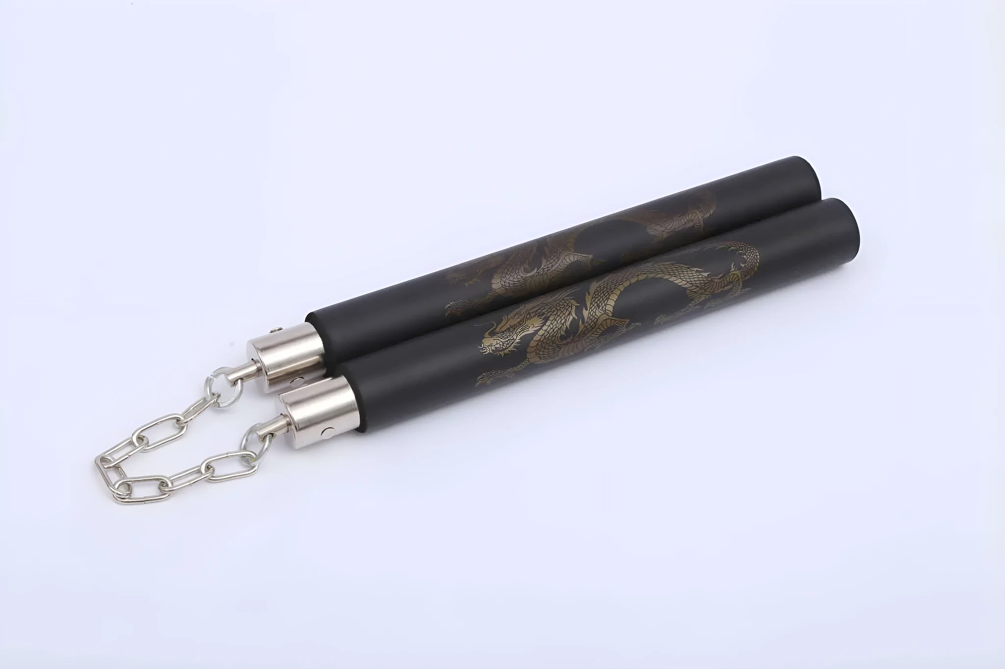 Red sponge nunchakus with EVA foam padding over PVC sticks connected by iron chain