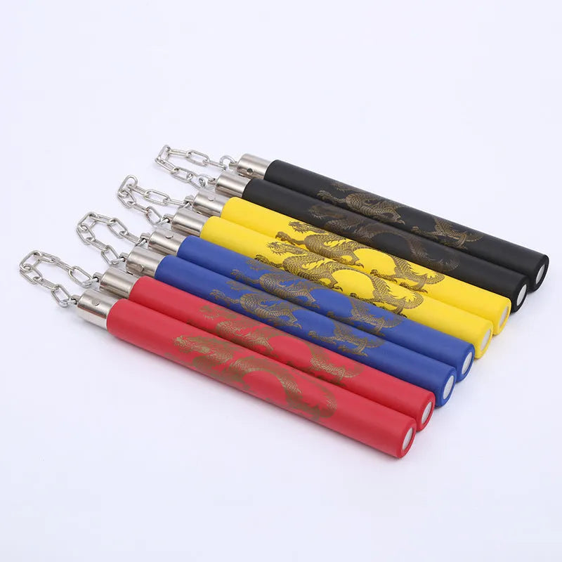 Red sponge nunchakus with EVA foam padding over PVC sticks connected by iron chain