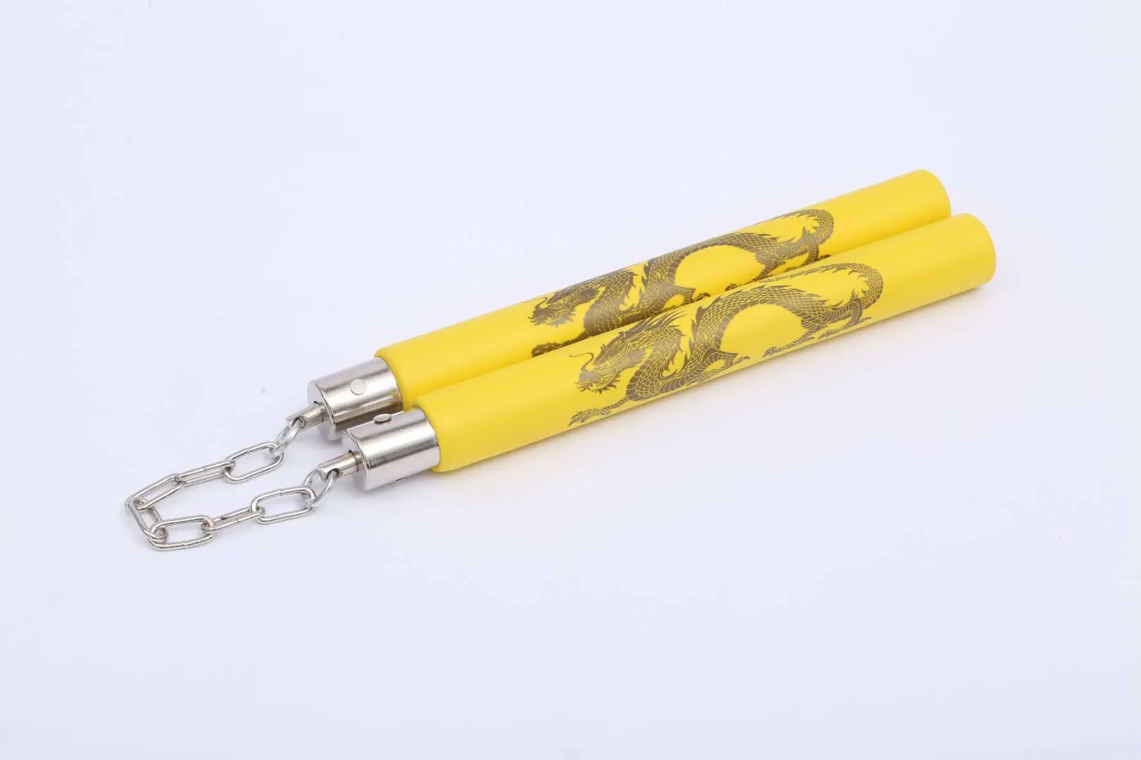 Red sponge nunchakus with EVA foam padding over PVC sticks connected by iron chain