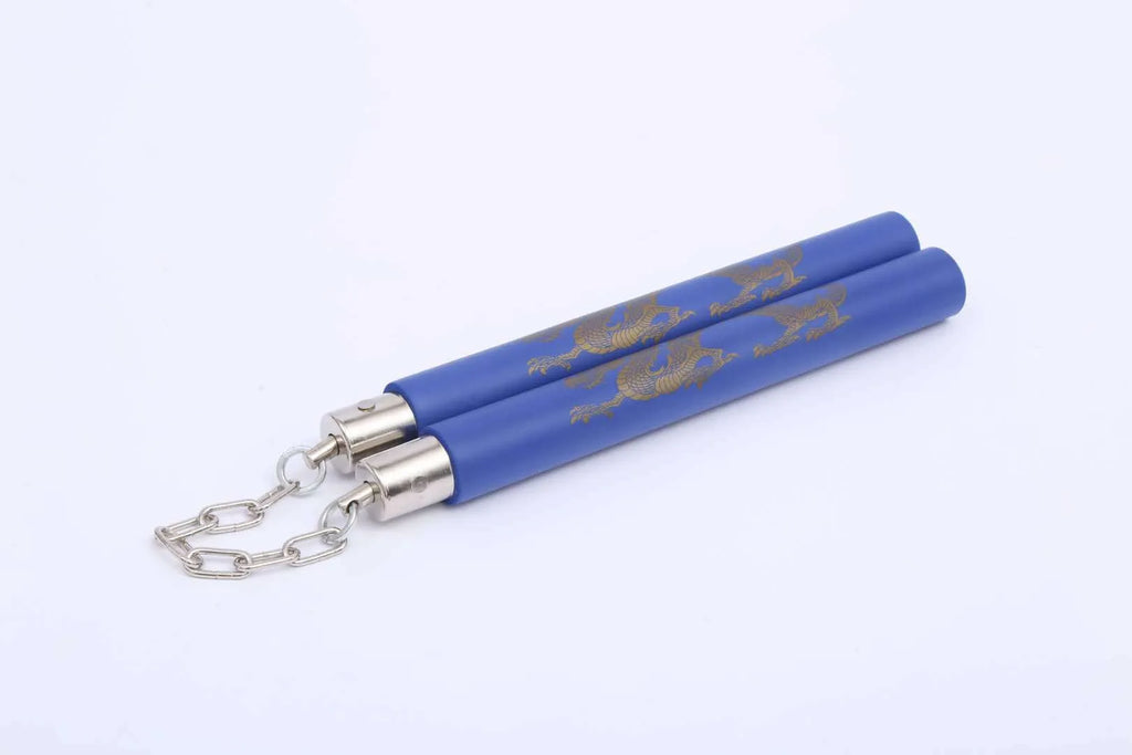Red sponge nunchakus with EVA foam padding over PVC sticks connected by iron chain