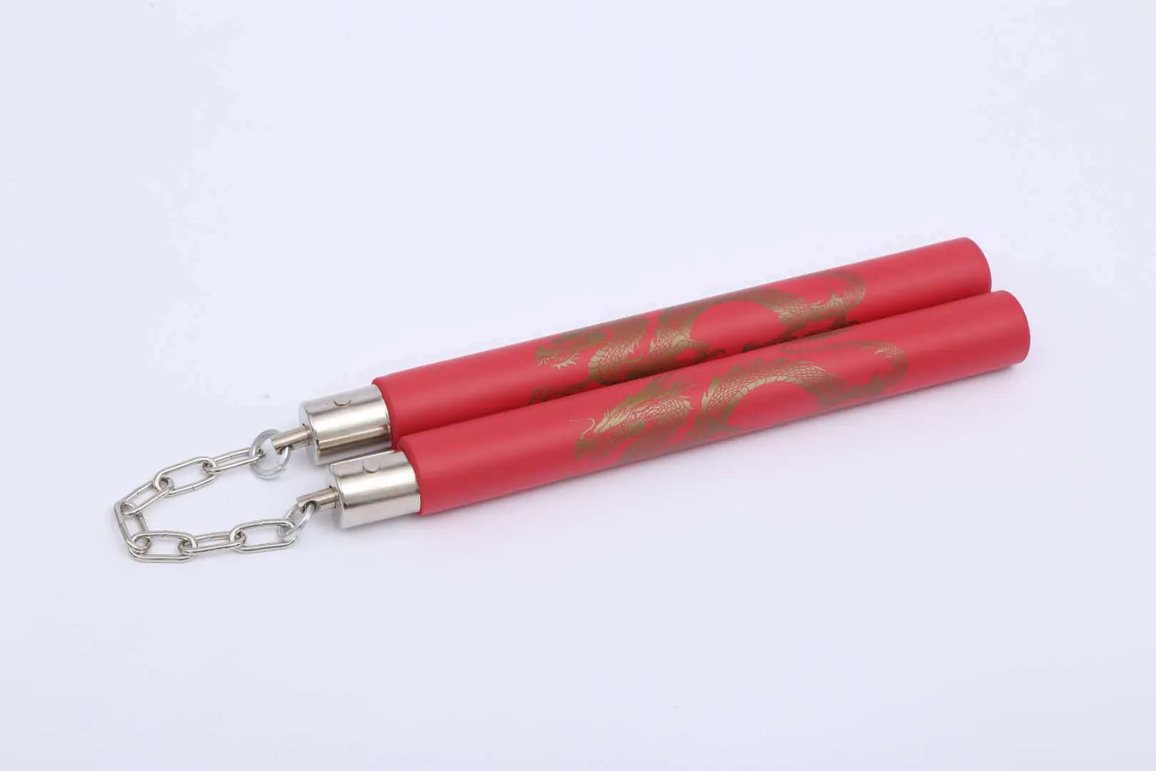 Red sponge nunchakus with EVA foam padding over PVC sticks connected by iron chain