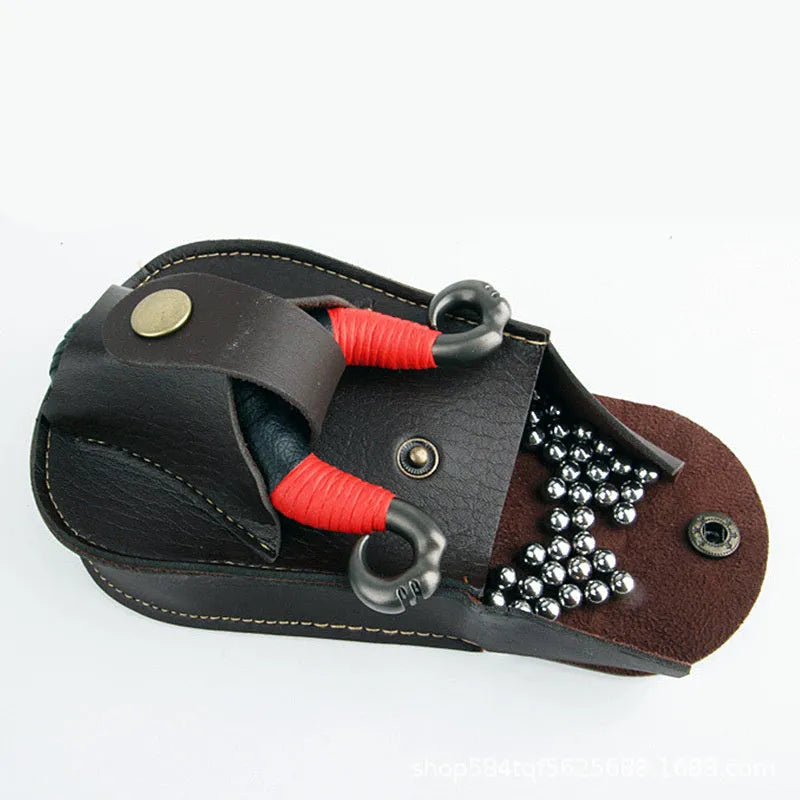 Leather slingshot belt bag with steel balls and marbles, black colour, outdoor use