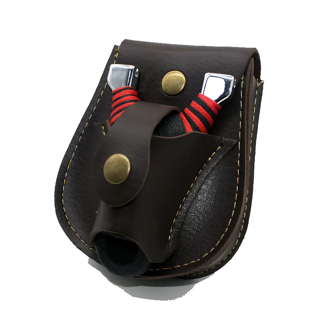 Leather slingshot belt bag with steel balls and marbles, black colour, outdoor use