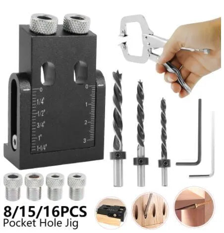 Black aluminium woodworking perforation locator tool with drill bits for board connection installation