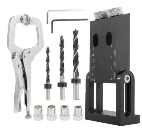 Black aluminium woodworking perforation locator tool with drill bits for board connection installation