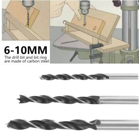 Black aluminium woodworking perforation locator tool with drill bits for board connection installation