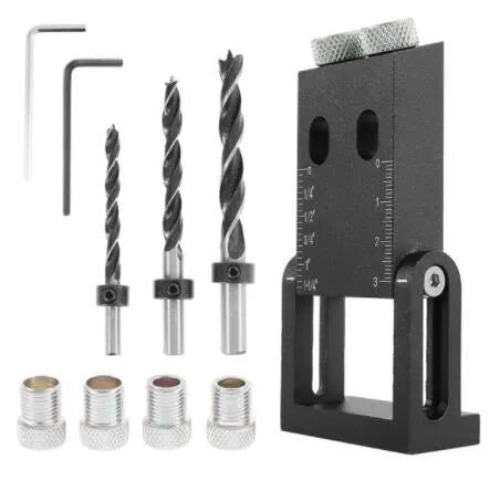 Black aluminium woodworking perforation locator tool with drill bits for board connection installation