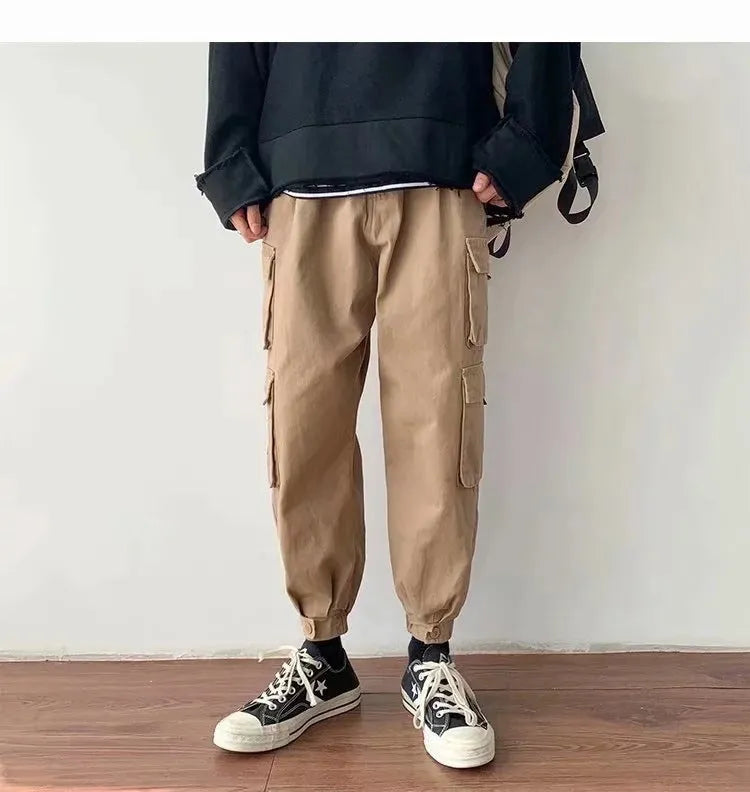 Men's multi-pocket casual loose fit nine-tenths length overalls in khaki colour