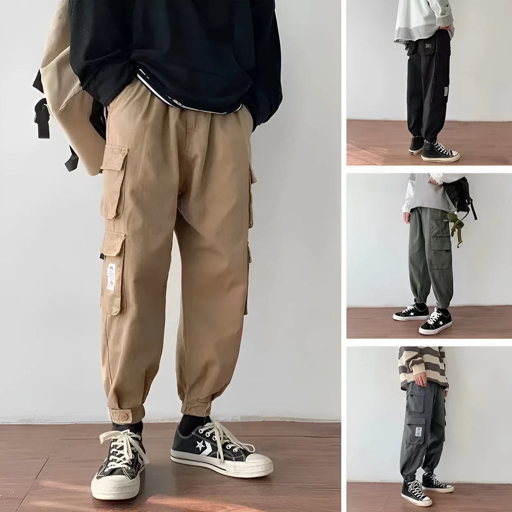 Men's multi-pocket casual loose fit nine-tenths length overalls in khaki colour