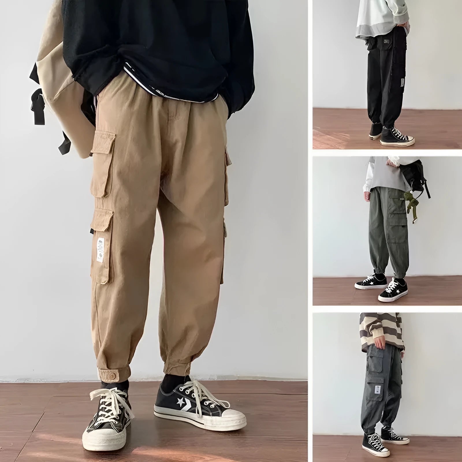 Men's multi-pocket casual loose fit nine-tenths length overalls in khaki colour