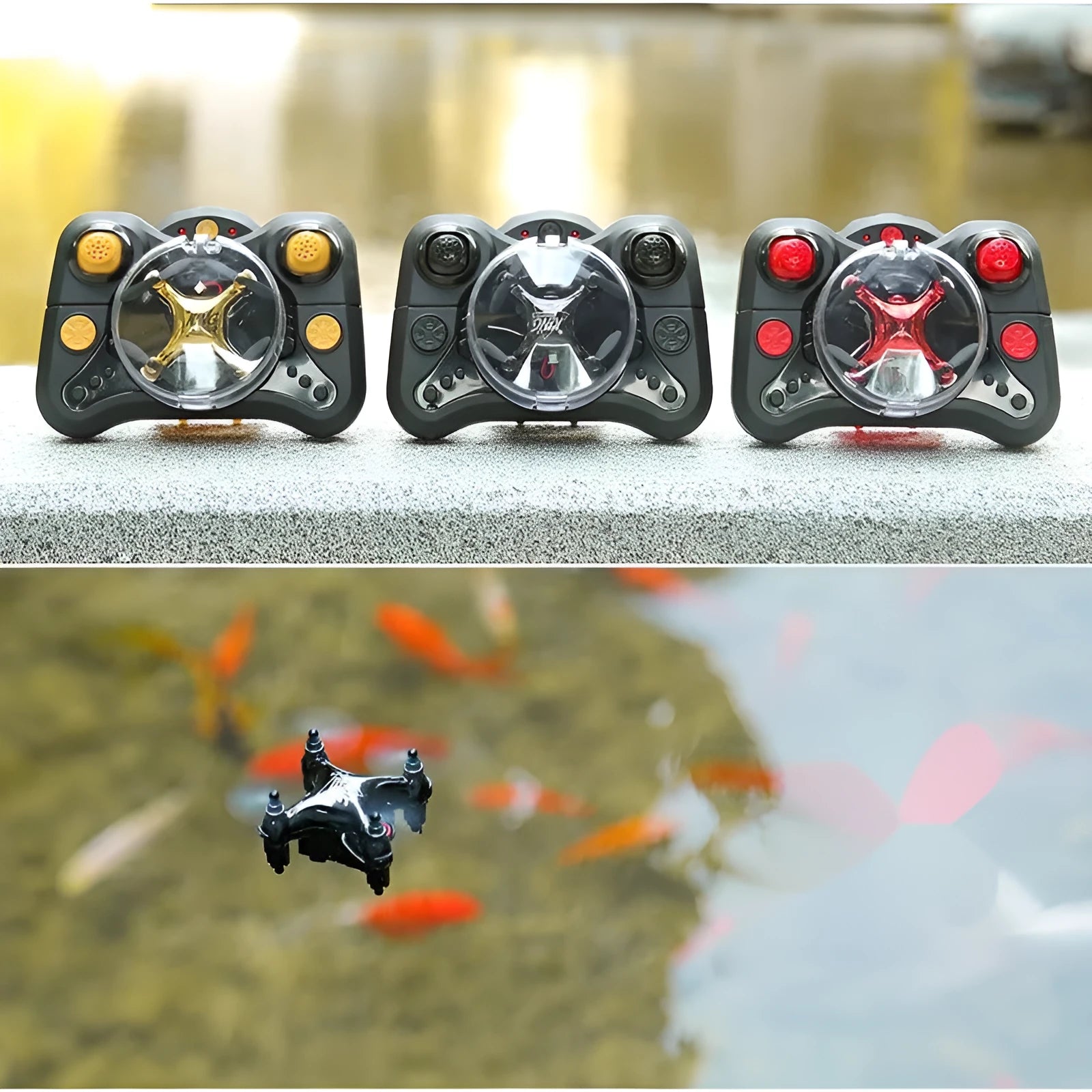 30cm fixed height remote control aircraft in bright gold colour with four blades and handle remote control