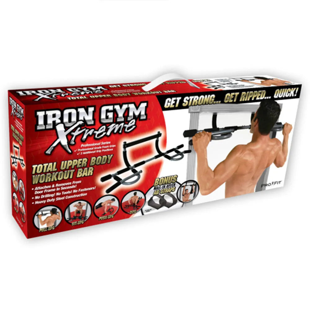 Black steel indoor pull-up bar with tension system for doorway installation