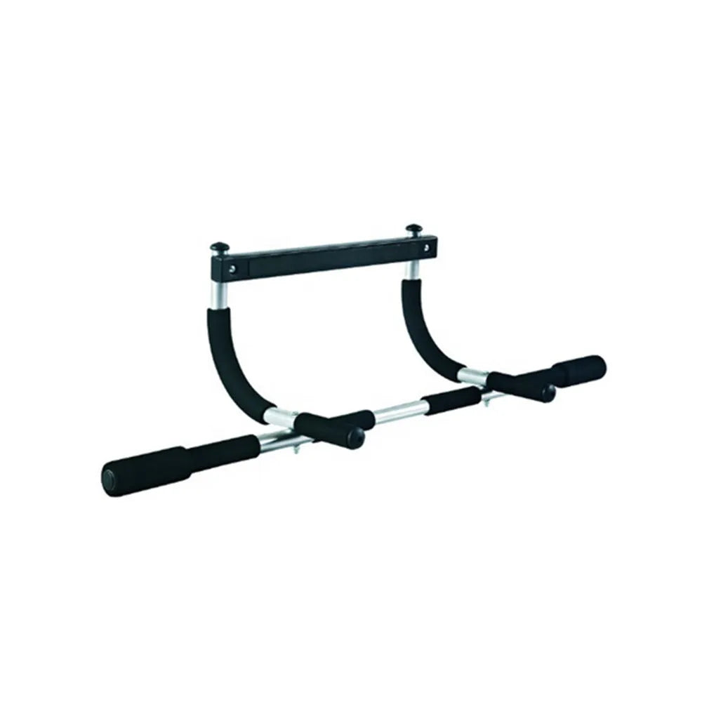Black steel indoor pull-up bar with tension system for doorway installation