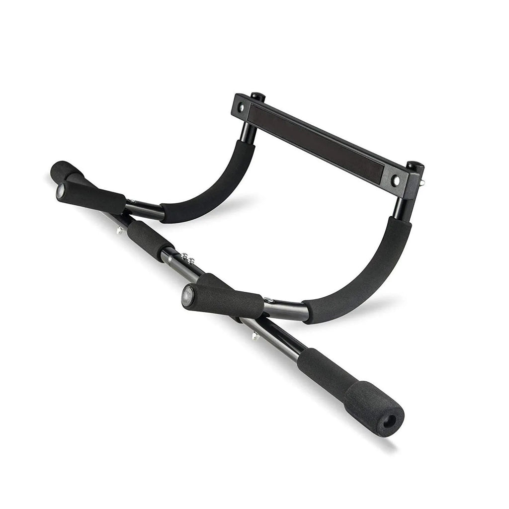 Black steel indoor pull-up bar with tension system for doorway installation