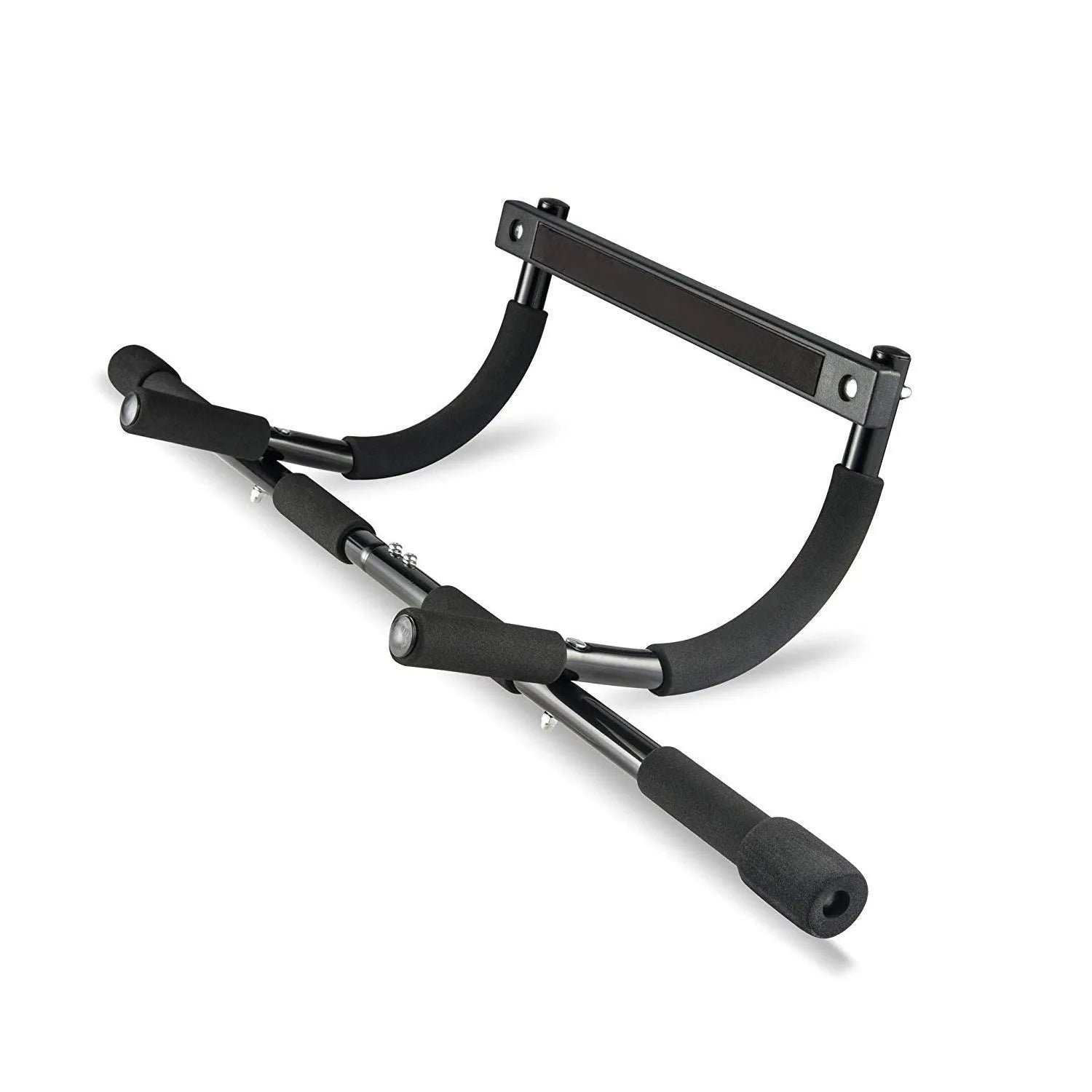 Black steel indoor pull-up bar with tension system for doorway installation