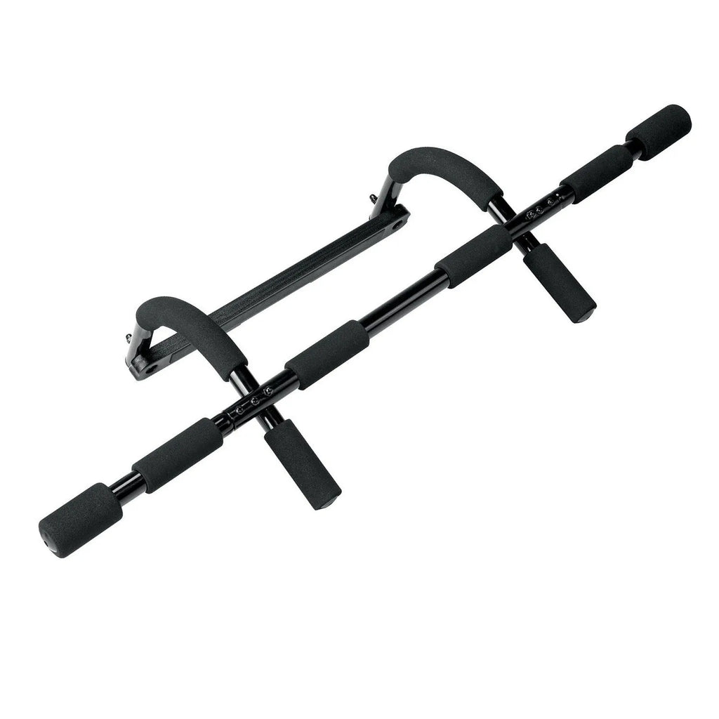 Black steel indoor pull-up bar with tension system for doorway installation