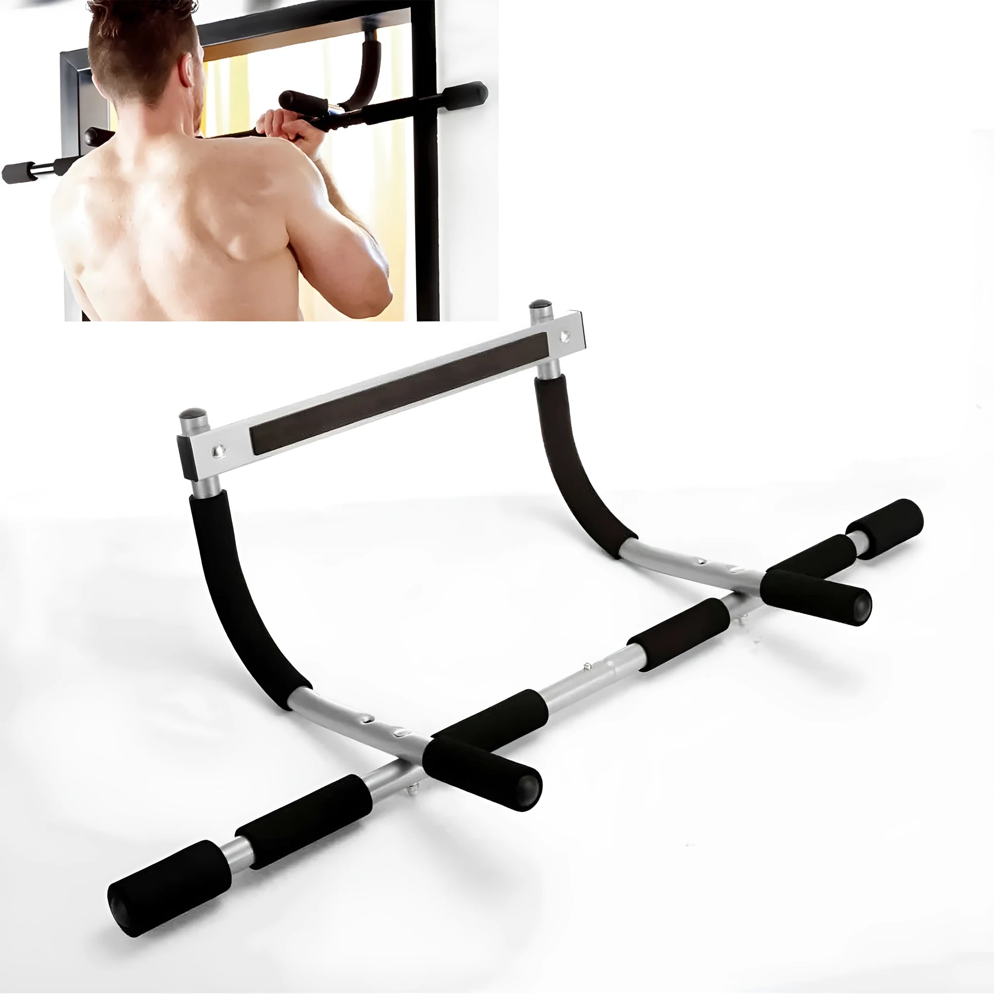 Black steel indoor pull-up bar with tension system for doorway installation