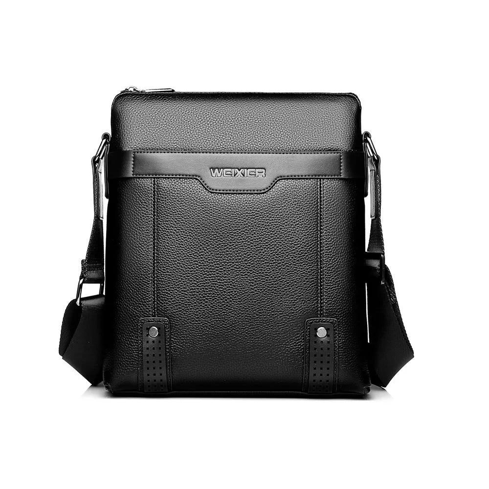 Men's black PU leather shoulder bag with square design measuring 28x25x6cm with zipper closure