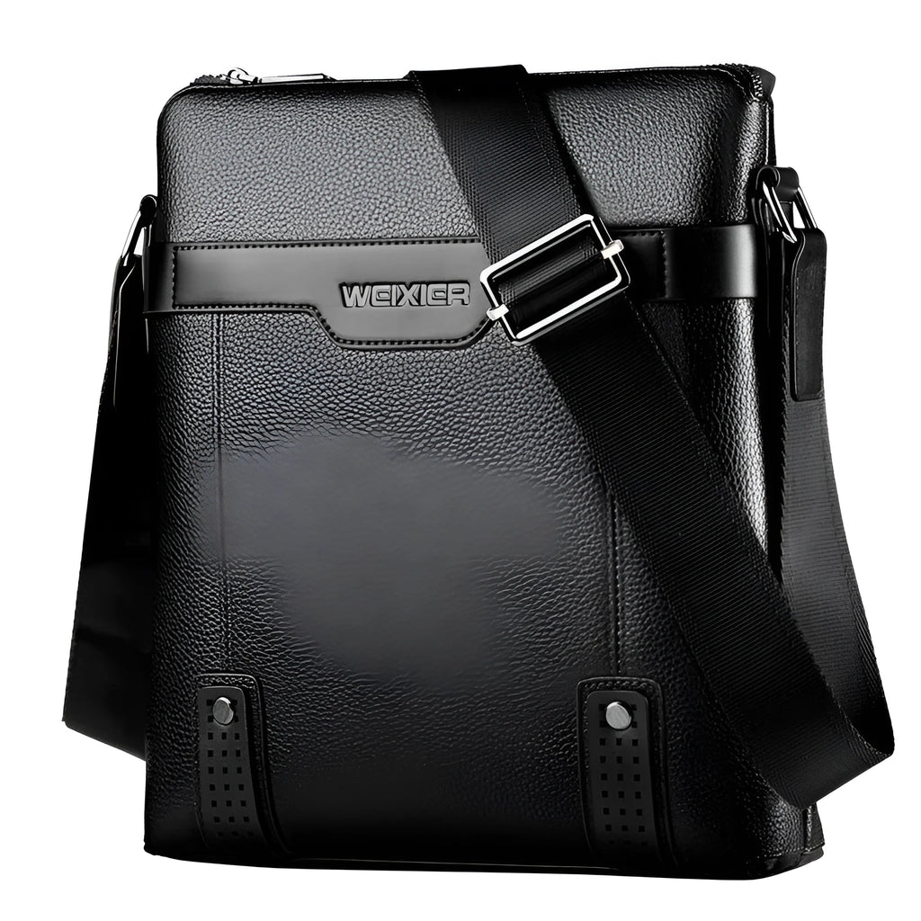 Men's black PU leather shoulder bag with square design measuring 28x25x6cm with zipper closure