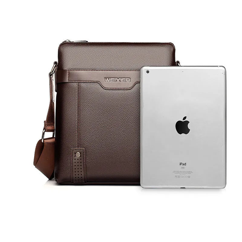 Men's black PU leather shoulder bag with square design measuring 28x25x6cm with zipper closure